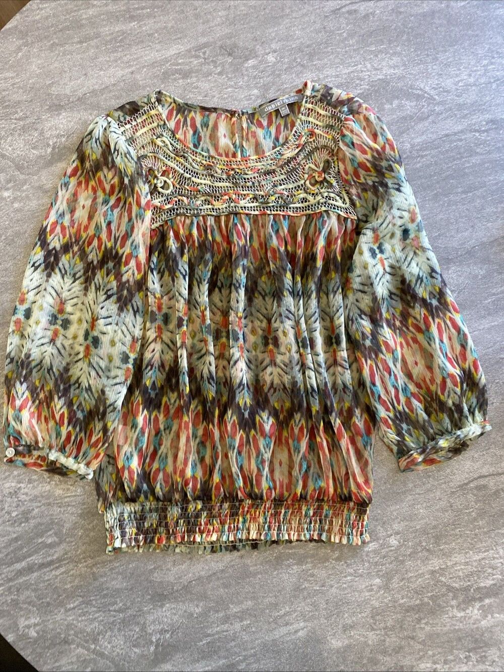 DANIEL RAINN Boho Ikat Print Blouse Mesh Crochet Lace Yoke Smocked Hem PM Petite